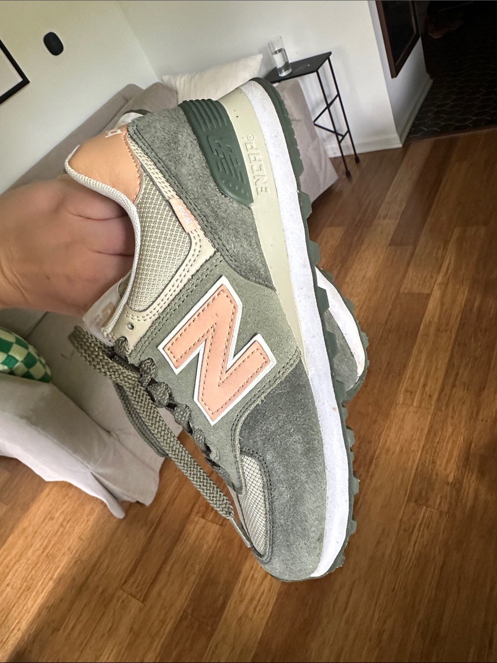 New Balance Women's Sneaker in Olive Green and Blush - Picture 9 of 11